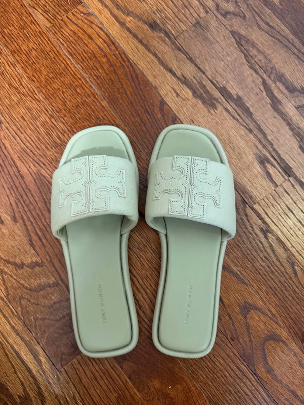 Tory Burch Sage Green Leather Logo Slide Sandals